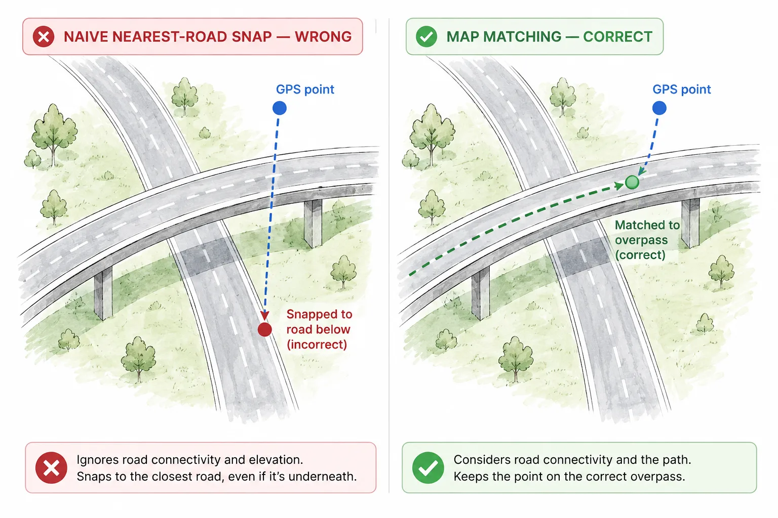 Why nearest-road snapping can fail: map matching considers road connectivity and keeps GPS points on the correct overpass.