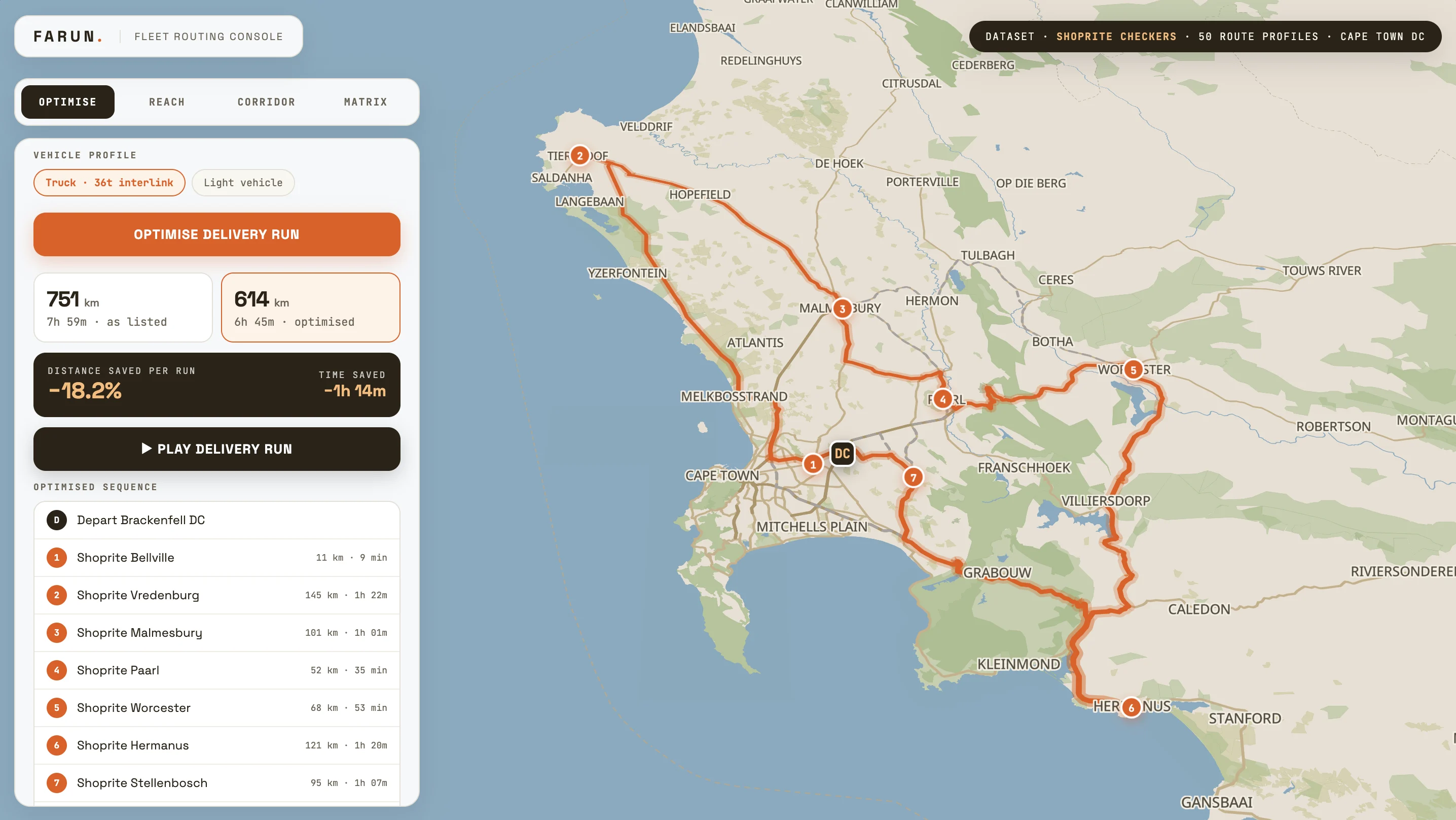 Farun routing console showing map-based fleet planning